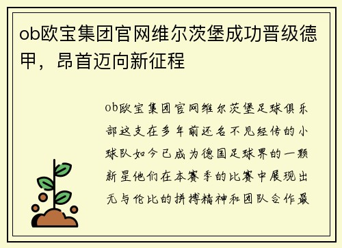 ob欧宝集团官网维尔茨堡成功晋级德甲，昂首迈向新征程