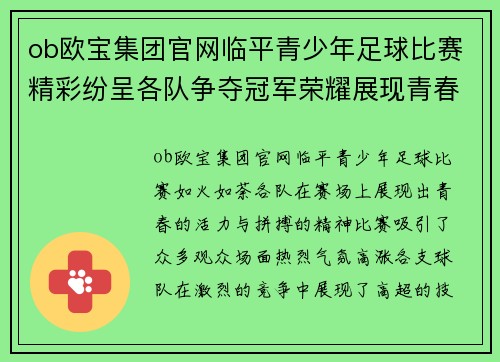 ob欧宝集团官网临平青少年足球比赛精彩纷呈各队争夺冠军荣耀展现青春风采