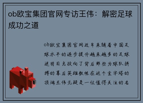 ob欧宝集团官网专访王伟：解密足球成功之道